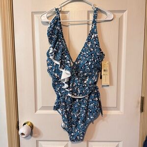 Profile Gottex Blue Floral One Piece Swimsuit Women’s Size 16 Ruffle Wrap NWT